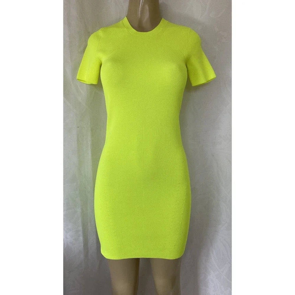 Helmut Lang Neon Yellow Mini Dress Ribbed Knit Sheath Short Sleeve Crew … - Picture 2 of 7